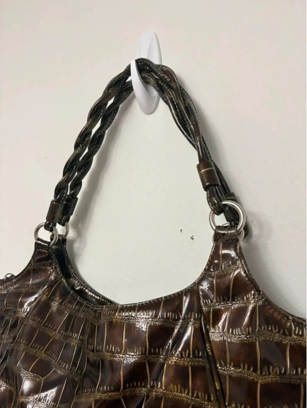 Y2K Brown Croc Embossed Patent Hobo Shoulder Bag